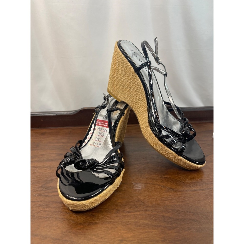 Black Patten Wedge Sandal Wmn 7.5 Rampage Basket Weave Beach NWOB Wedding Cruise